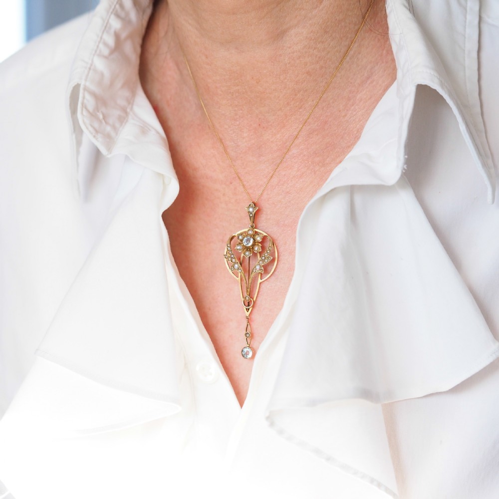 Antique Aquamarine Pendant Necklace with Seed Pearls 9ct Gold Art Nouveau Design - Edwardian c.1905 View V