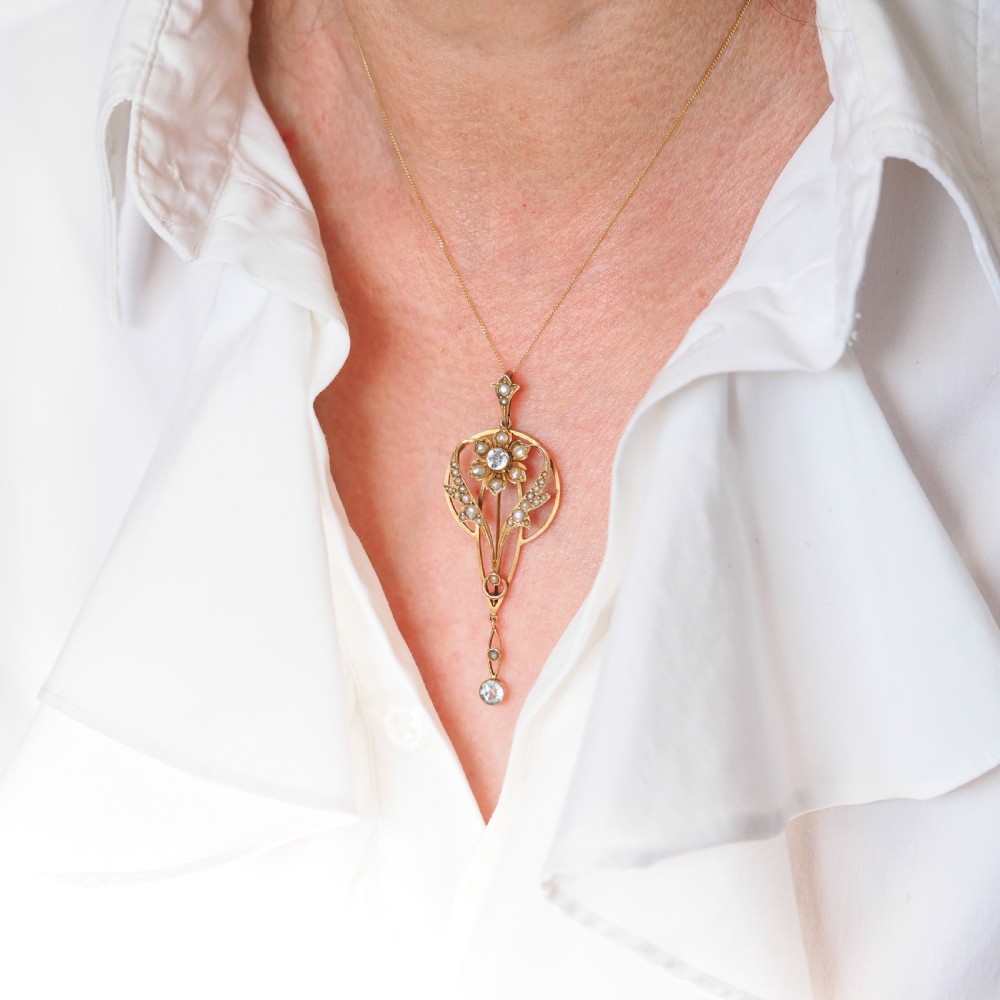 Antique Aquamarine Pendant Necklace with Seed Pearls 9ct Gold Art Nouveau Design - Edwardian c.1905 View VI
