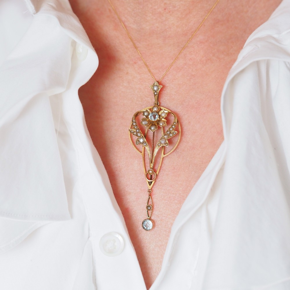 Antique Aquamarine Pendant Necklace with Seed Pearls 9ct Gold Art Nouveau Design - Edwardian c.1905 View X