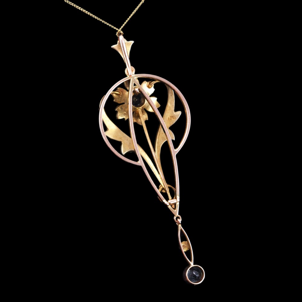 Antique Aquamarine Pendant Necklace with Seed Pearls 9ct Gold Art Nouveau Design - Edwardian c.1905 View XIII