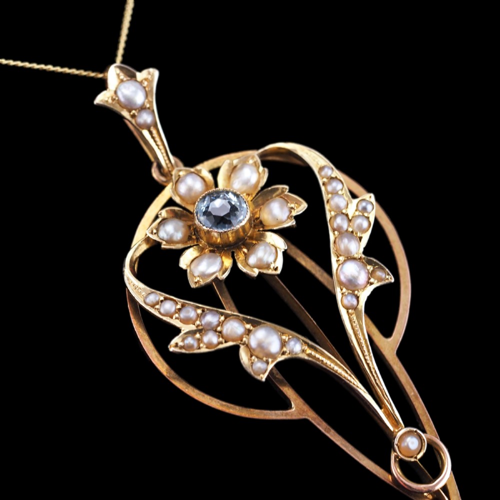 Antique Aquamarine Pendant Necklace with Seed Pearls 9ct Gold Art Nouveau Design - Edwardian c.1905 View XV