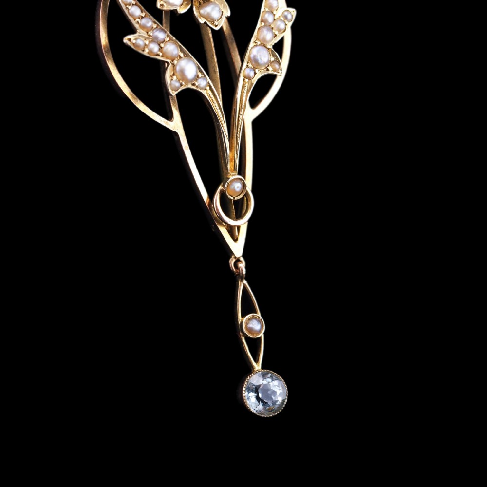 Antique Aquamarine Pendant Necklace with Seed Pearls 9ct Gold Art Nouveau Design - Edwardian c.1905 View XVI