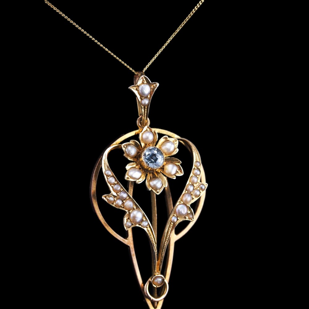 Antique Aquamarine Pendant Necklace with Seed Pearls 9ct Gold Art Nouveau Design - Edwardian c.1905 View XVII