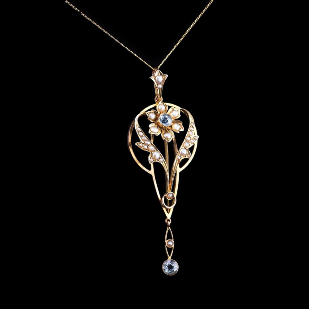 Antique Aquamarine Pendant Necklace with Seed Pearls 9ct Gold Art Nouveau Design - Edwardian c.1905 View XVIII