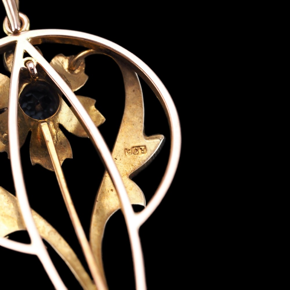 Antique Aquamarine Pendant Necklace with Seed Pearls 9ct Gold Art Nouveau Design - Edwardian c.1905 View XIX
