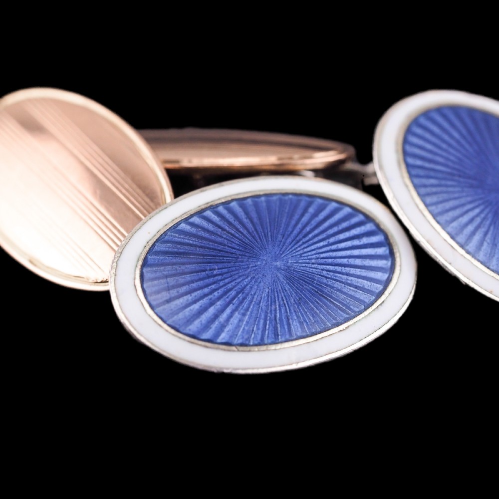 Antique Gold Cufflinks with Blue Guilloche Enamel 9ct Gold & Sterling Silver - Victorian c.1863 View III