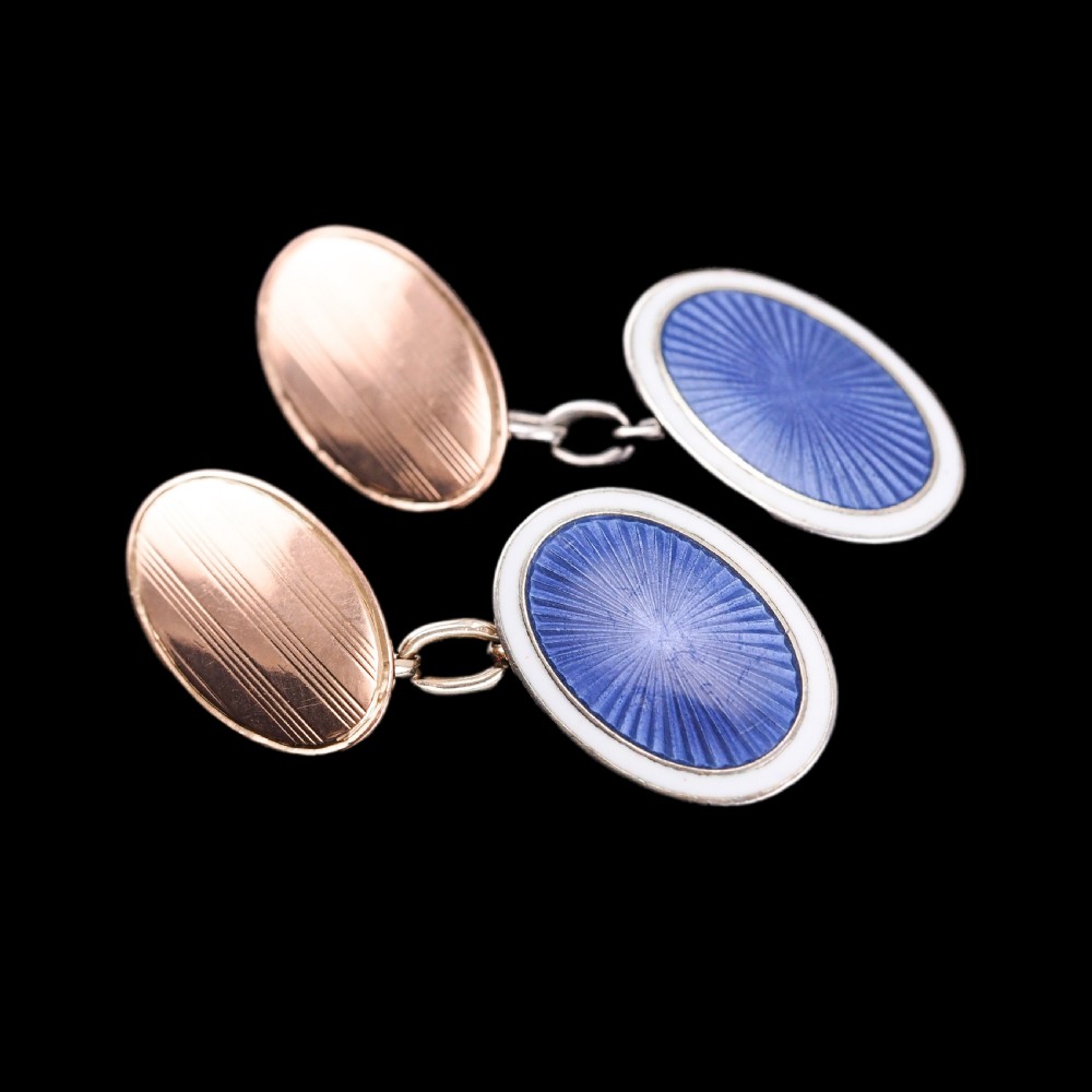 Antique Gold Cufflinks with Blue Guilloche Enamel 9ct Gold & Sterling Silver - Victorian c.1863 View IX