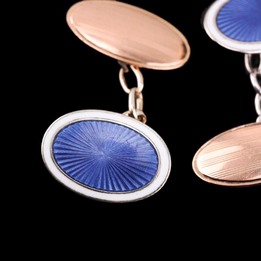 Antique Gold Cufflinks with Blue Guilloche Enamel 9ct Gold & Sterling Silver - Victorian c.1863 View X
