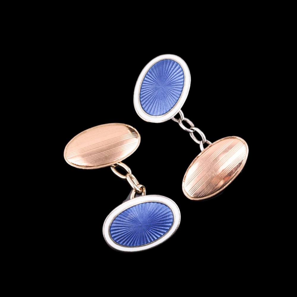 Antique Gold Cufflinks with Blue Guilloche Enamel 9ct Gold & Sterling Silver - Victorian c.1863 View XII