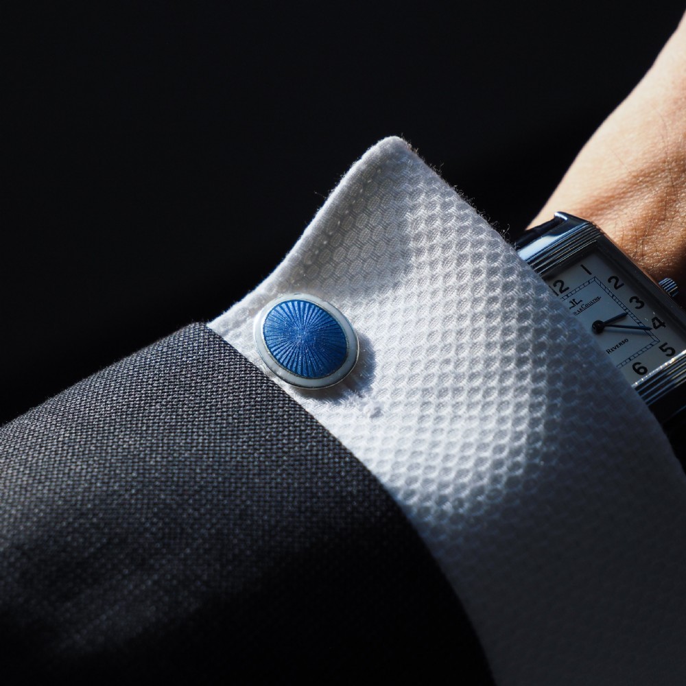 Antique Gold Cufflinks with Blue Guilloche Enamel 9ct Gold & Sterling Silver - Victorian c.1863 View XX