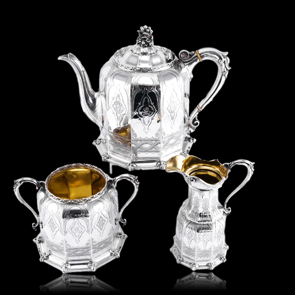 Rare Antique Solid Silver Victorian Tea Set, 3 Piece Gothic Design - Elkington 1853 View II