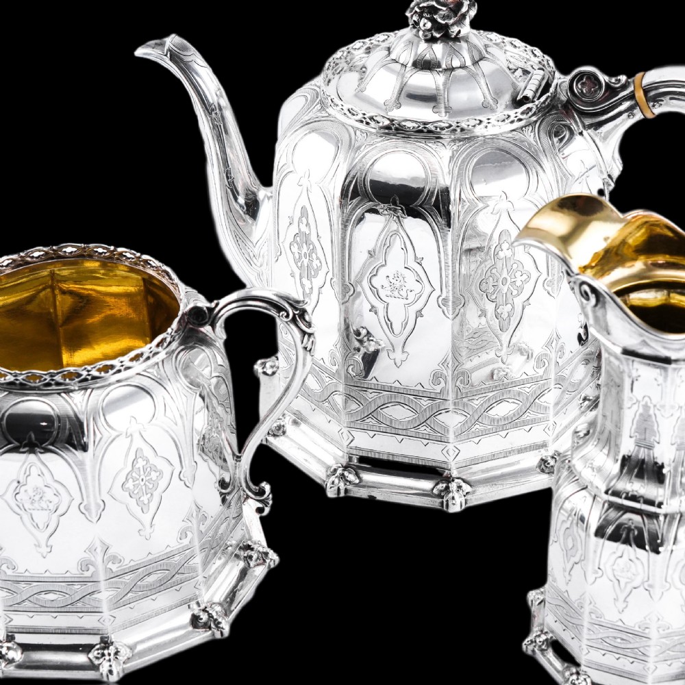 Rare Antique Solid Silver Victorian Tea Set, 3 Piece Gothic Design - Elkington 1853 View IV