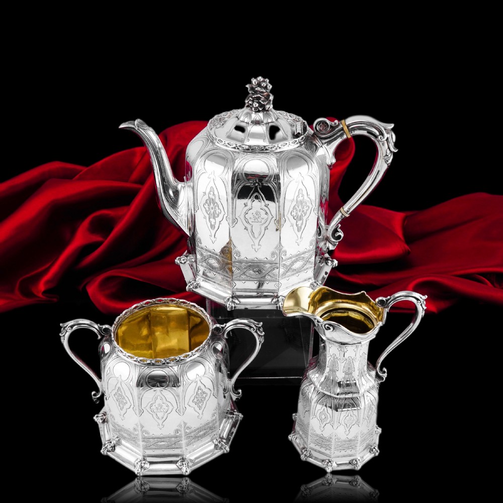 Rare Antique Solid Silver Victorian Tea Set, 3 Piece Gothic Design - Elkington 1853 View VI