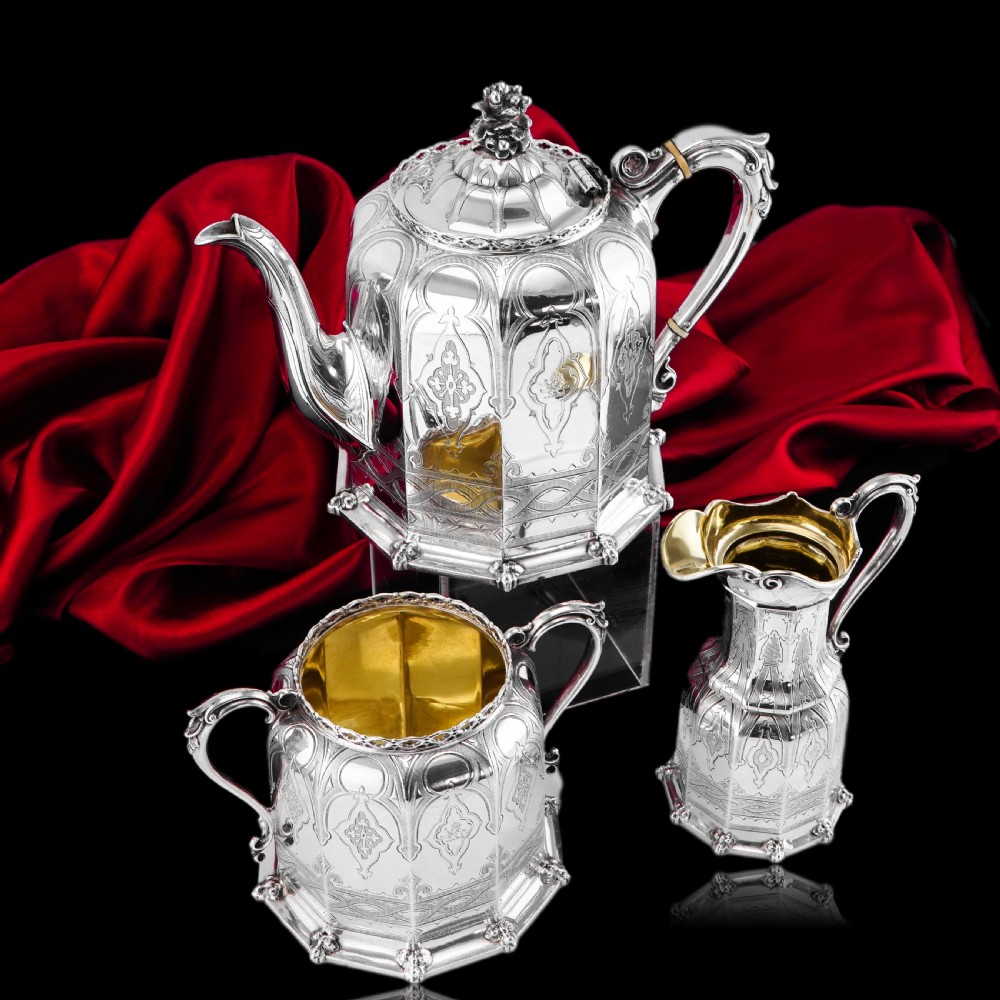 Rare Antique Solid Silver Victorian Tea Set, 3 Piece Gothic Design - Elkington 1853 View VII