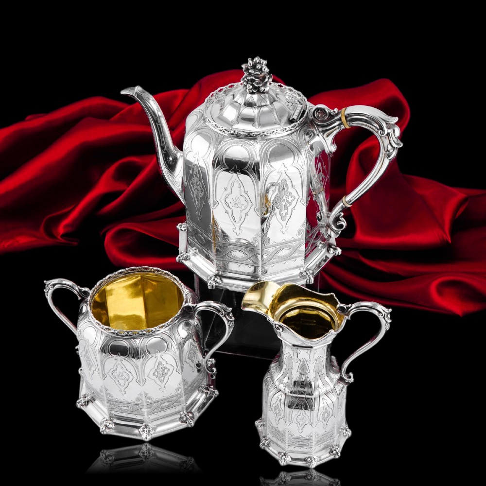 Rare Antique Solid Silver Victorian Tea Set, 3 Piece Gothic Design - Elkington 1853 View VIII