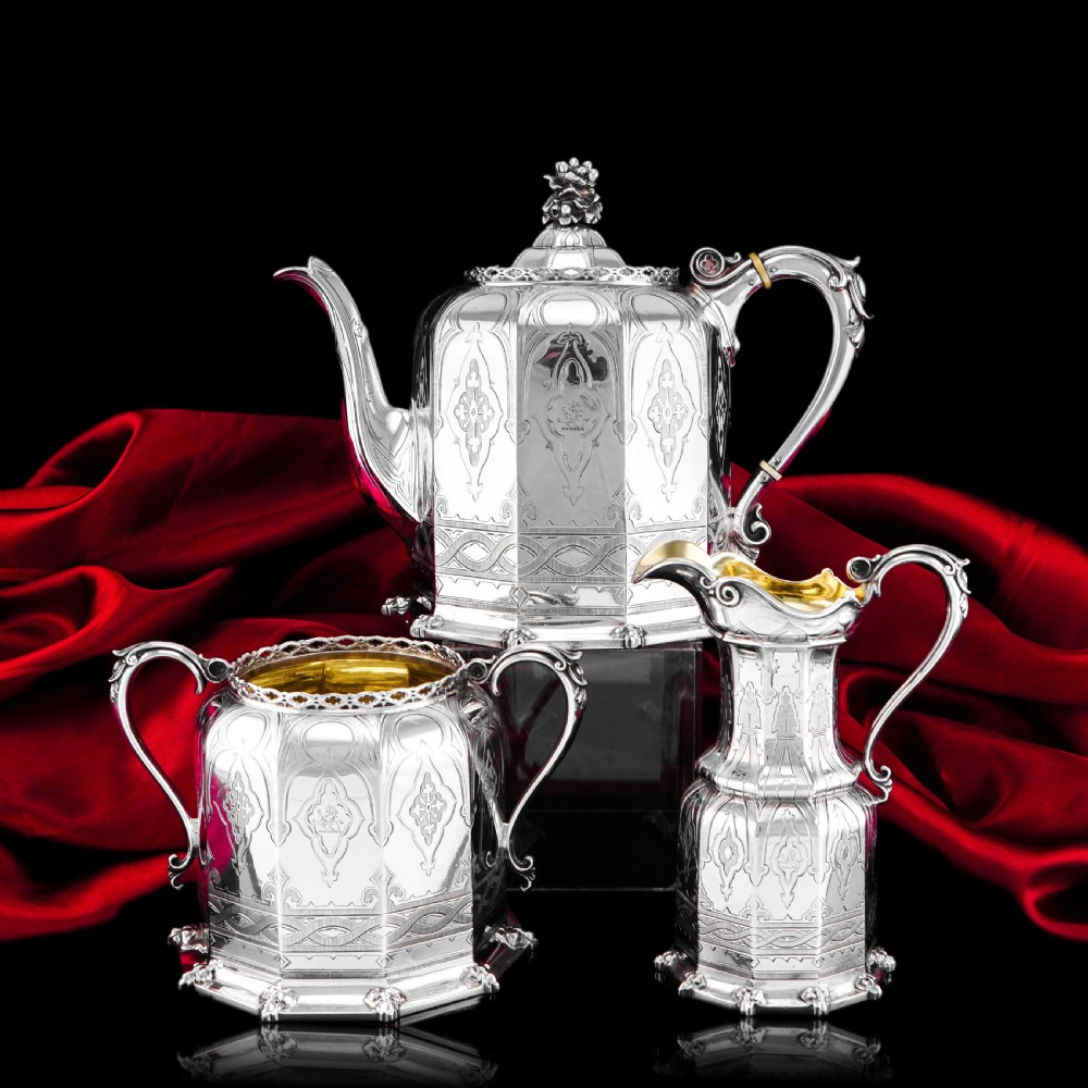 Rare Antique Solid Silver Victorian Tea Set, 3 Piece Gothic Design - Elkington 1853 View IX