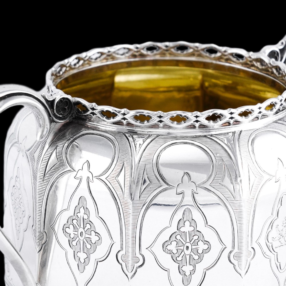 Rare Antique Solid Silver Victorian Tea Set, 3 Piece Gothic Design - Elkington 1853 View XV