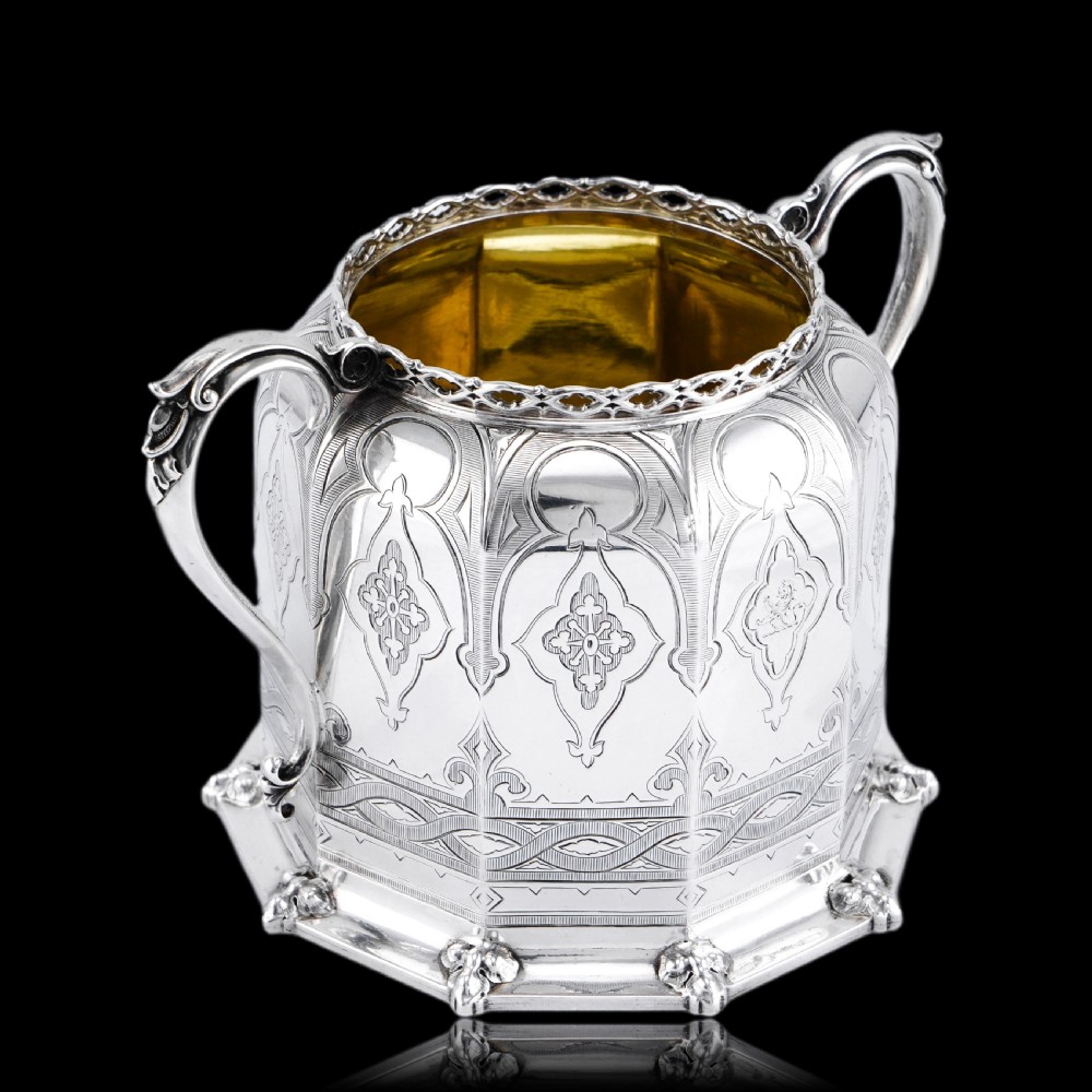 Rare Antique Solid Silver Victorian Tea Set, 3 Piece Gothic Design - Elkington 1853 View XVII