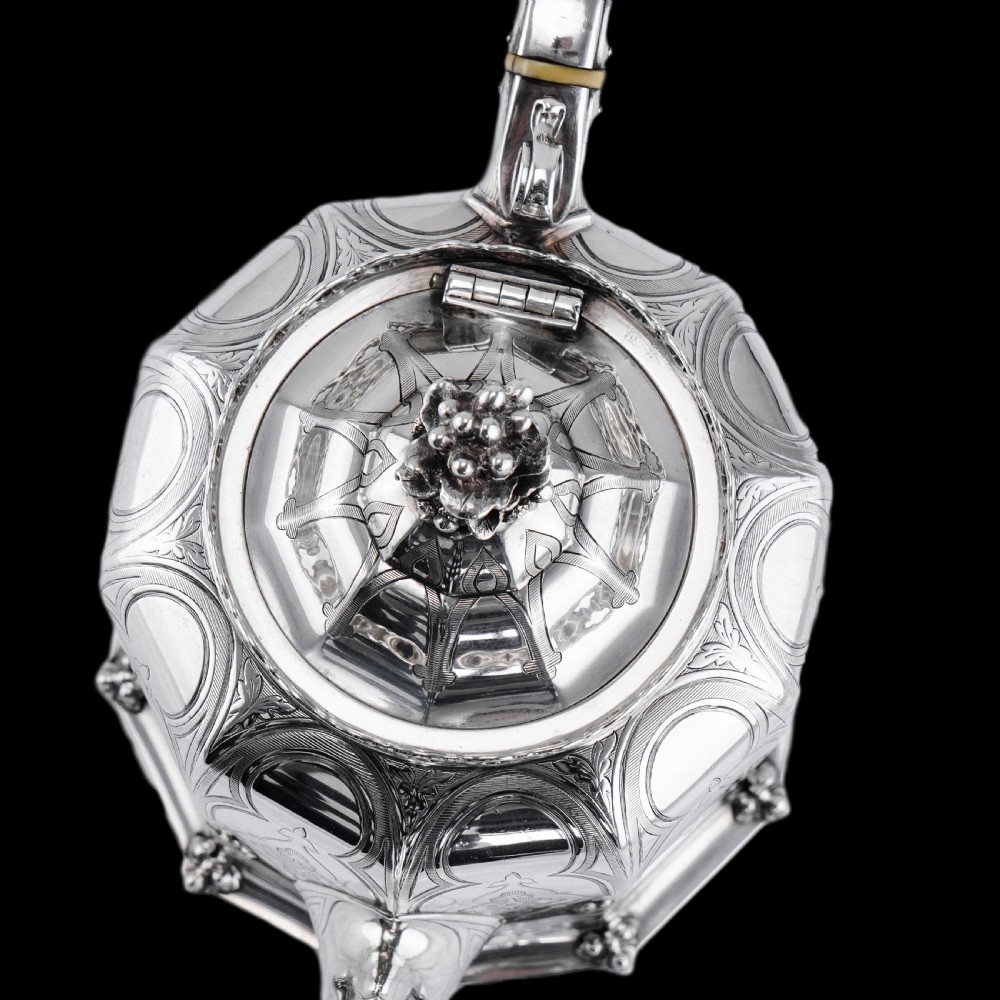 Rare Antique Solid Silver Victorian Tea Set, 3 Piece Gothic Design - Elkington 1853 View XXII