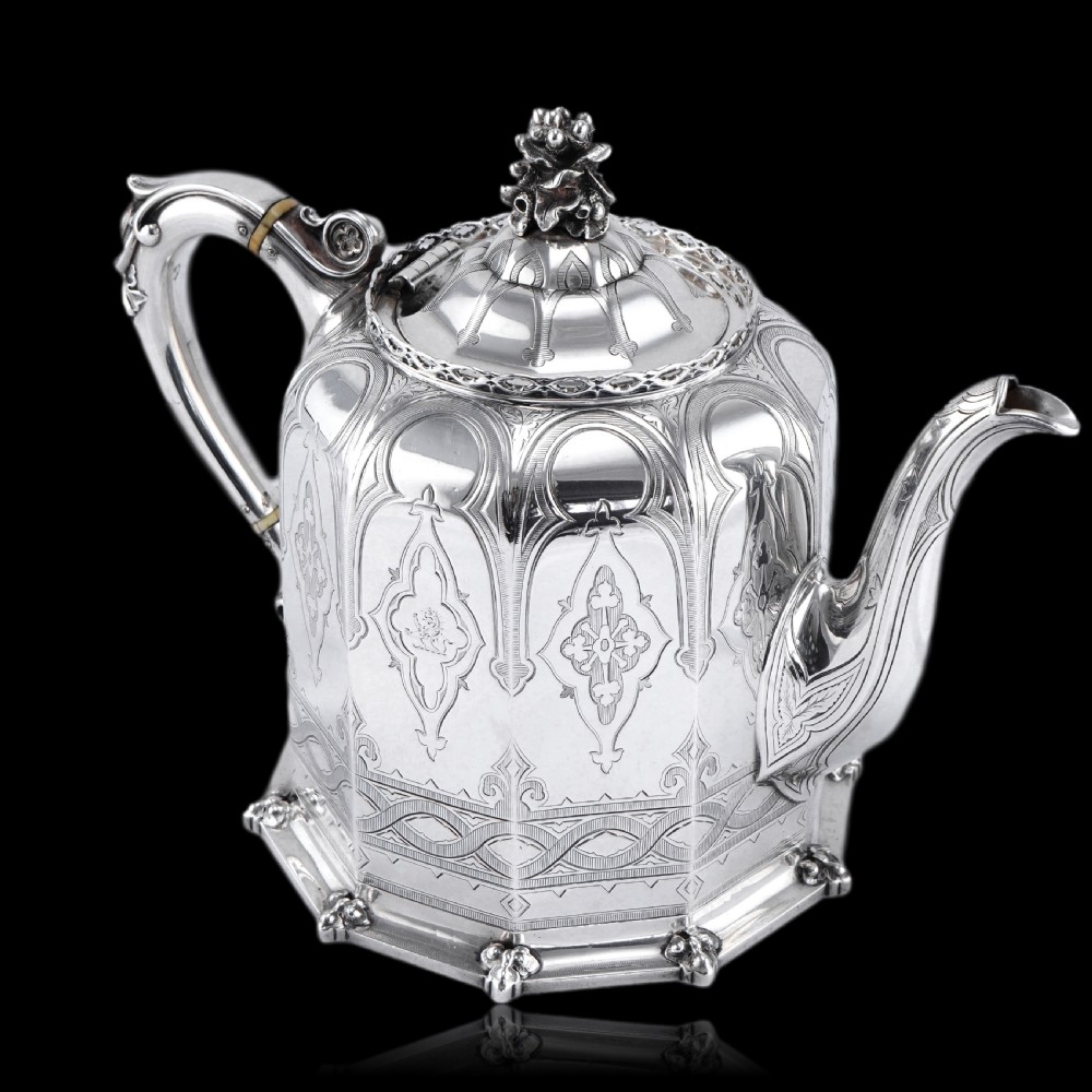 Rare Antique Solid Silver Victorian Tea Set, 3 Piece Gothic Design - Elkington 1853 View XXIII