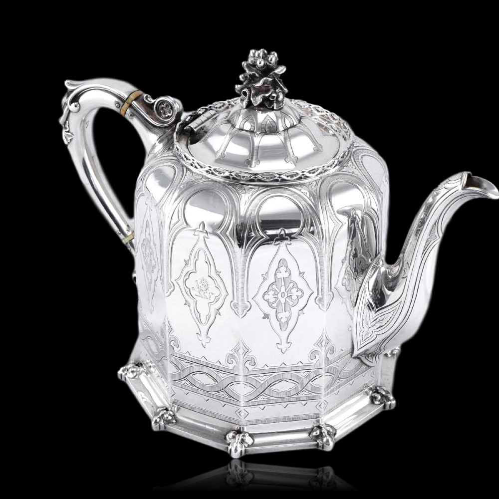 Rare Antique Solid Silver Victorian Tea Set, 3 Piece Gothic Design - Elkington 1853 View XXV