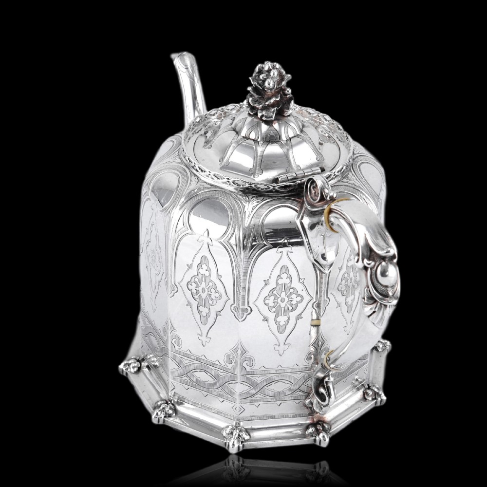 Rare Antique Solid Silver Victorian Tea Set, 3 Piece Gothic Design - Elkington 1853 View XXVI