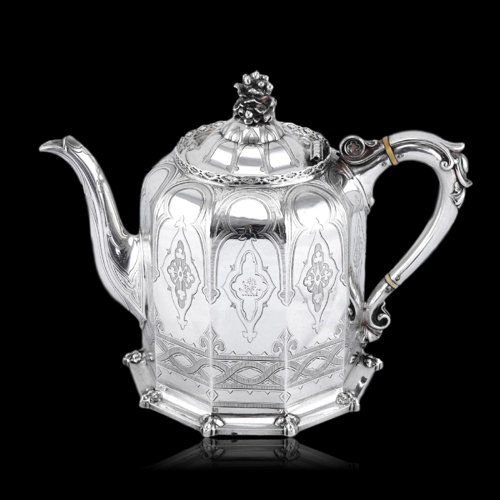 Rare Antique Solid Silver Victorian Tea Set, 3 Piece Gothic Design - Elkington 1853 View XXVII