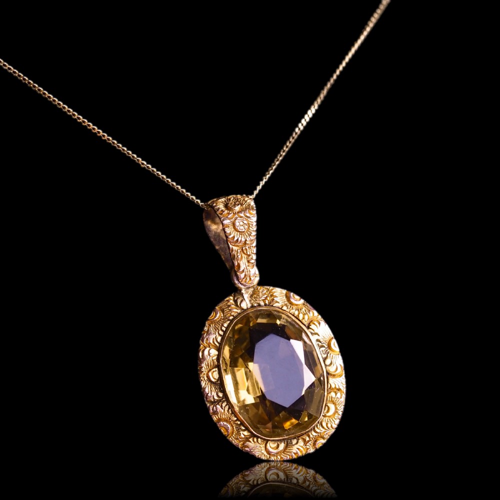 Antique Victorian 9ct Gold Citrine Pendant Necklace with Chased Floral Motif - c.1850 View II