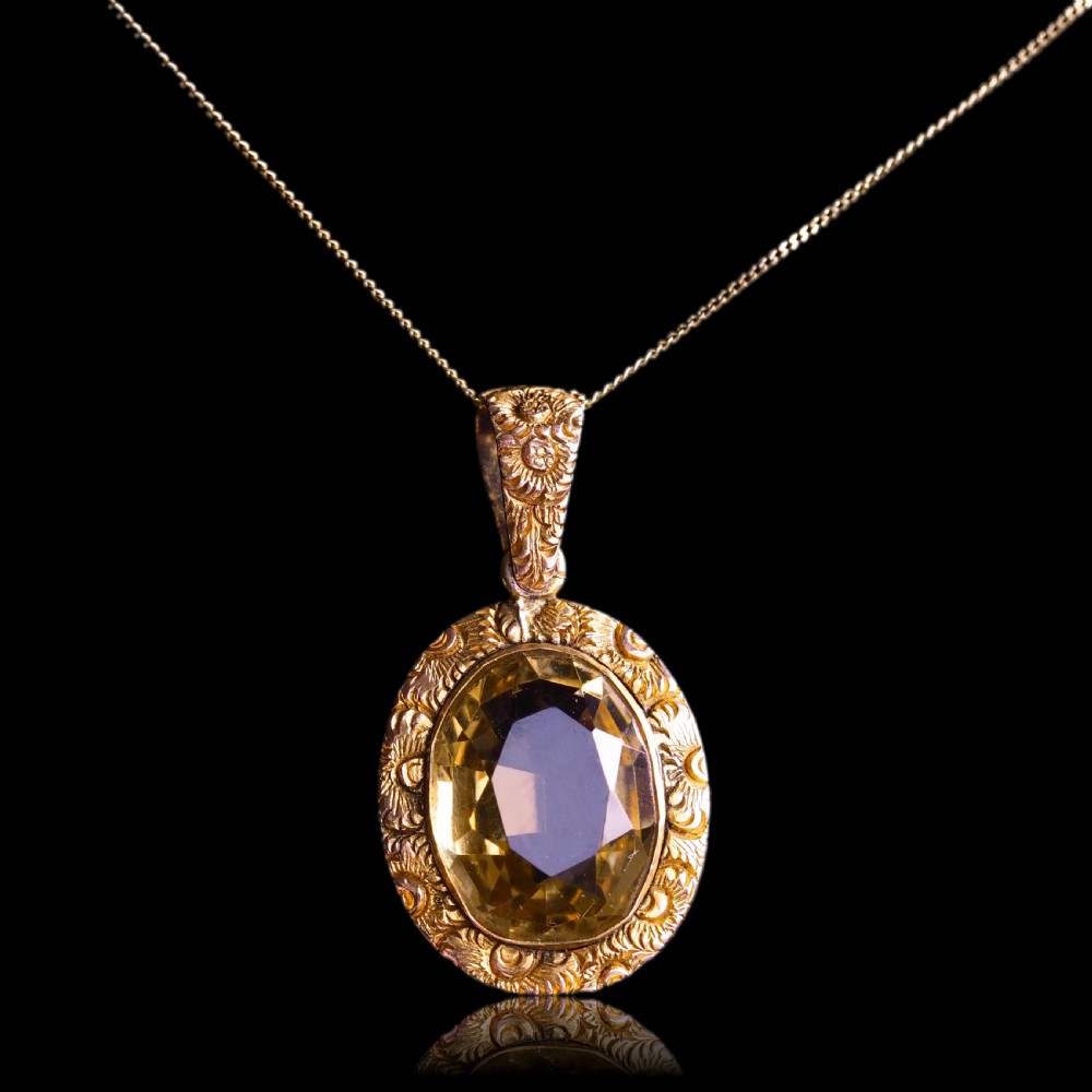 Antique Victorian 9ct Gold Citrine Pendant Necklace with Chased Floral Motif - c.1850 View III