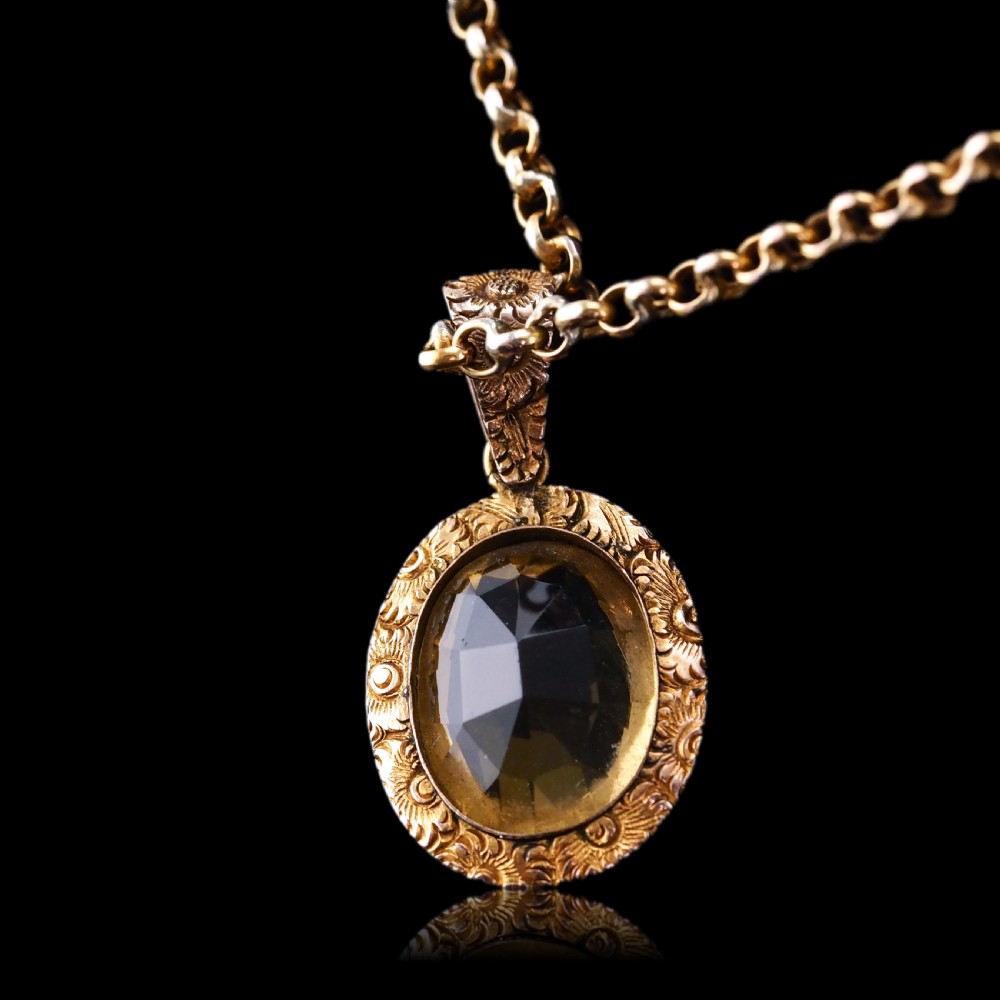 Antique Victorian 9ct Gold Citrine Pendant Necklace with Chased Floral Motif - c.1850 View IV