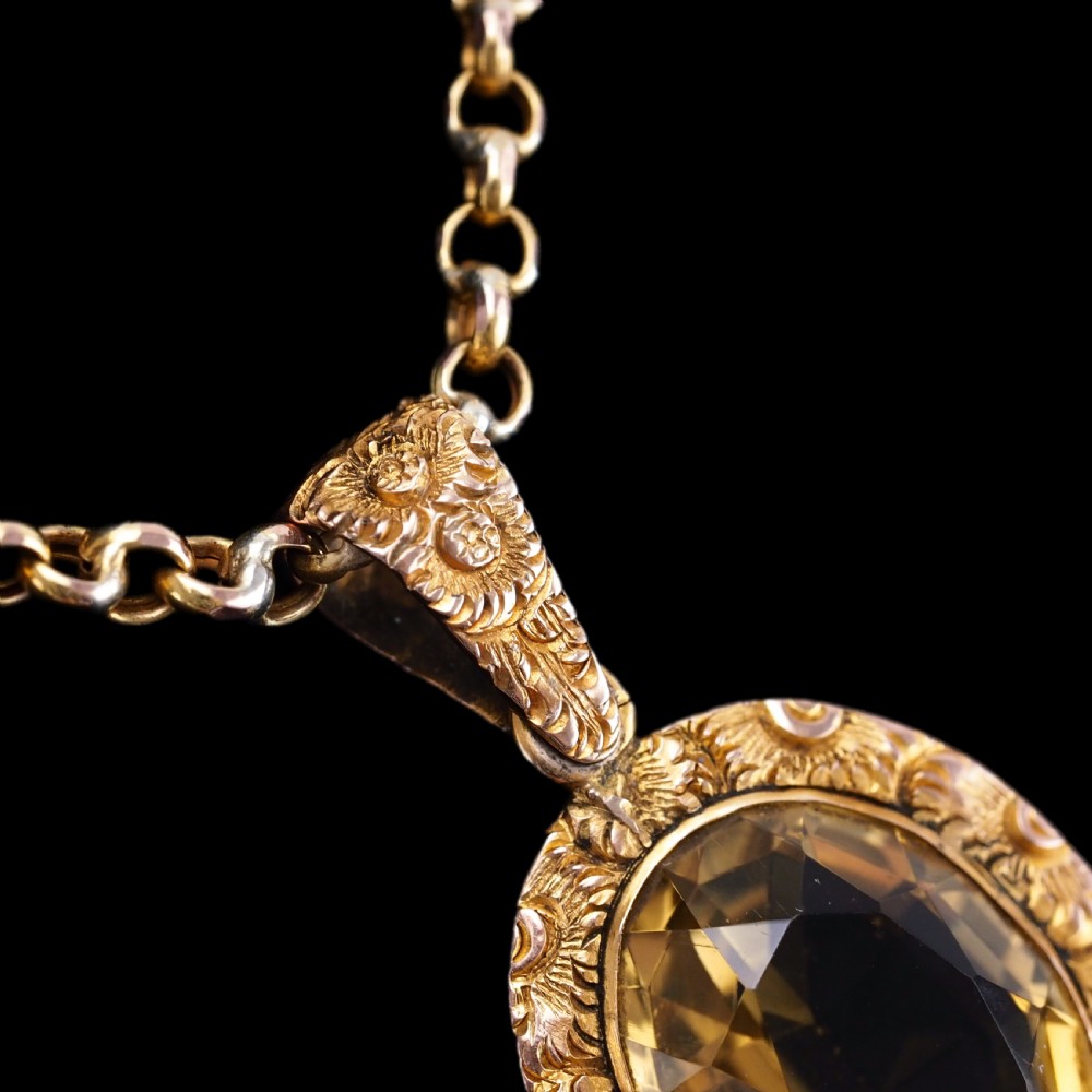 Antique Victorian 9ct Gold Citrine Pendant Necklace with Chased Floral Motif - c.1850 View VII