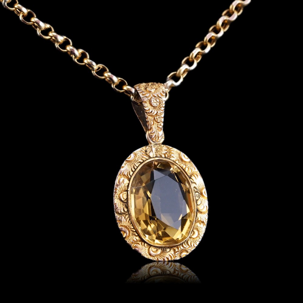 Antique Victorian 9ct Gold Citrine Pendant Necklace with Chased Floral Motif - c.1850 View IX