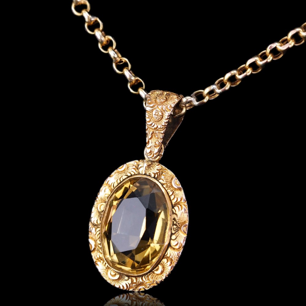 Antique Victorian 9ct Gold Citrine Pendant Necklace with Chased Floral Motif - c.1850 View X