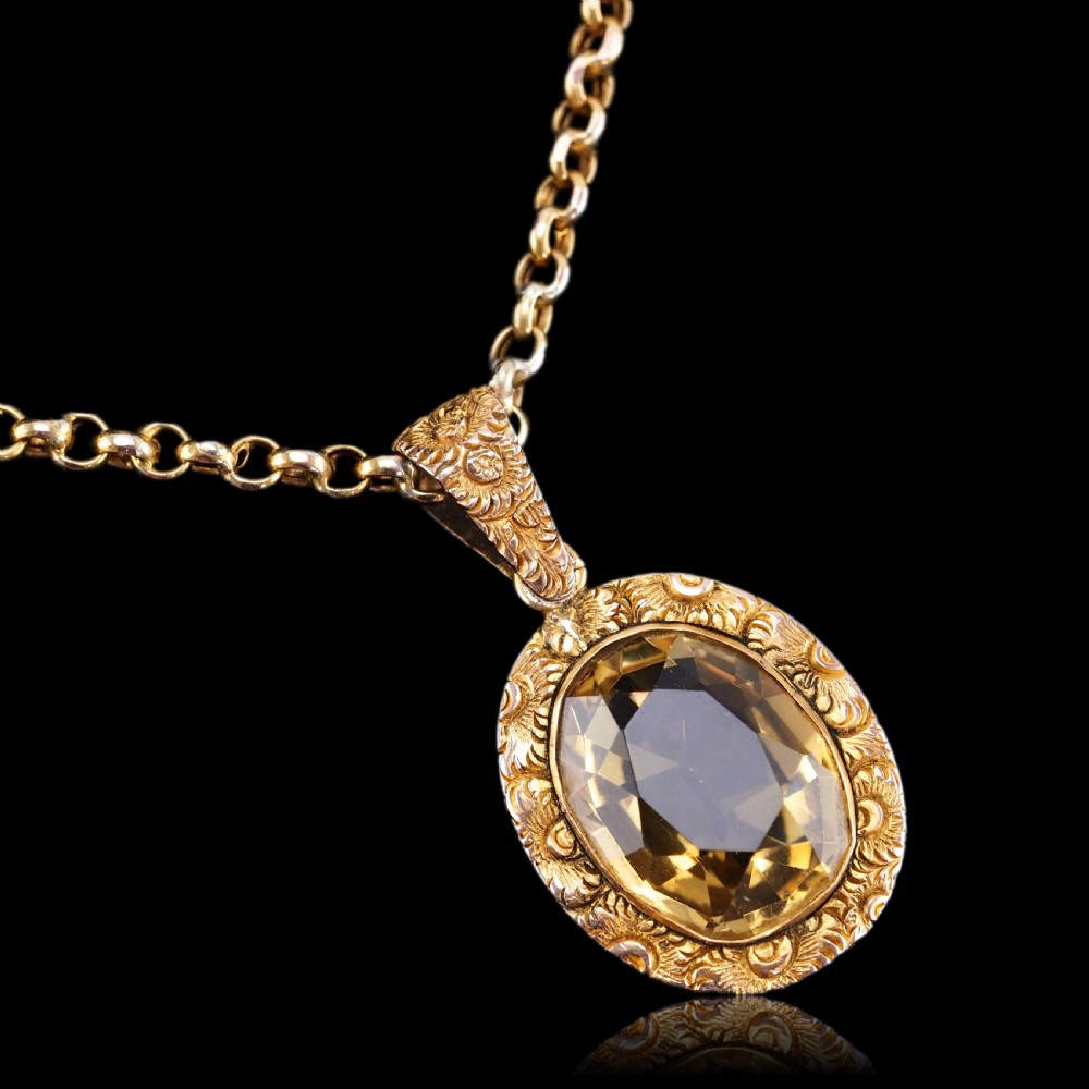 Antique Victorian 9ct Gold Citrine Pendant Necklace with Chased Floral Motif - c.1850 View XI