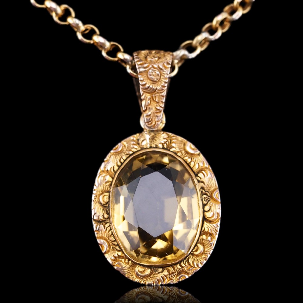 Antique Victorian 9ct Gold Citrine Pendant Necklace with Chased Floral Motif - c.1850 View XII