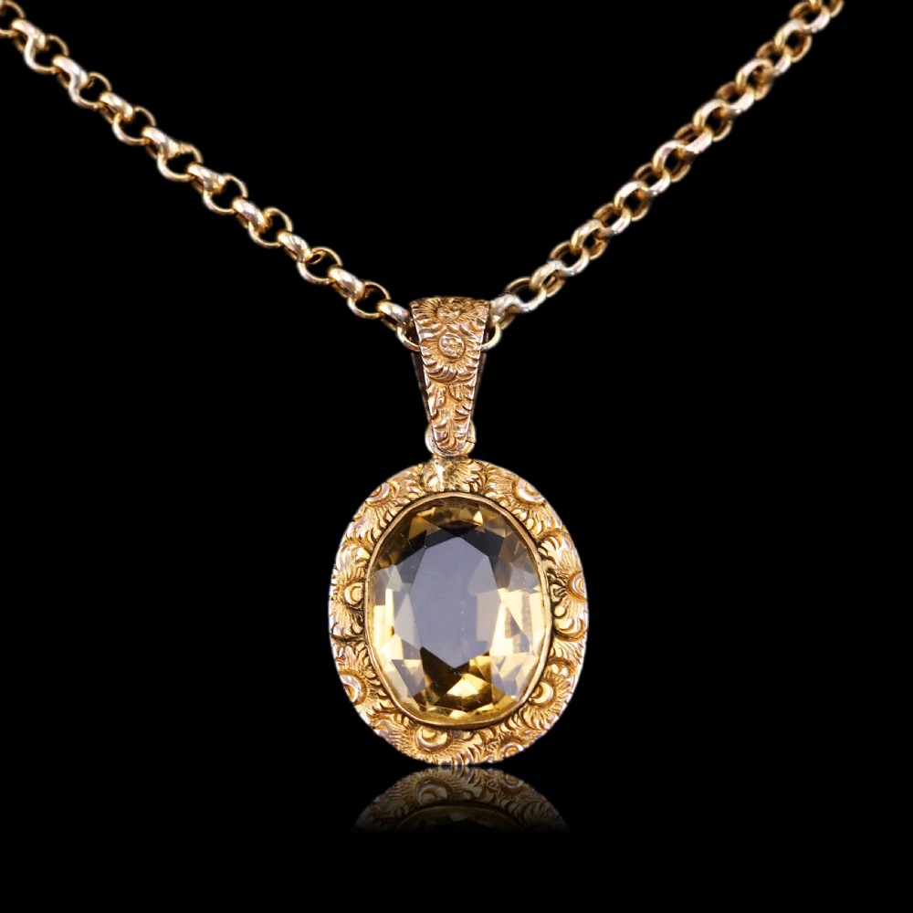 Antique Victorian 9ct Gold Citrine Pendant Necklace with Chased Floral Motif - c.1850 View XIII