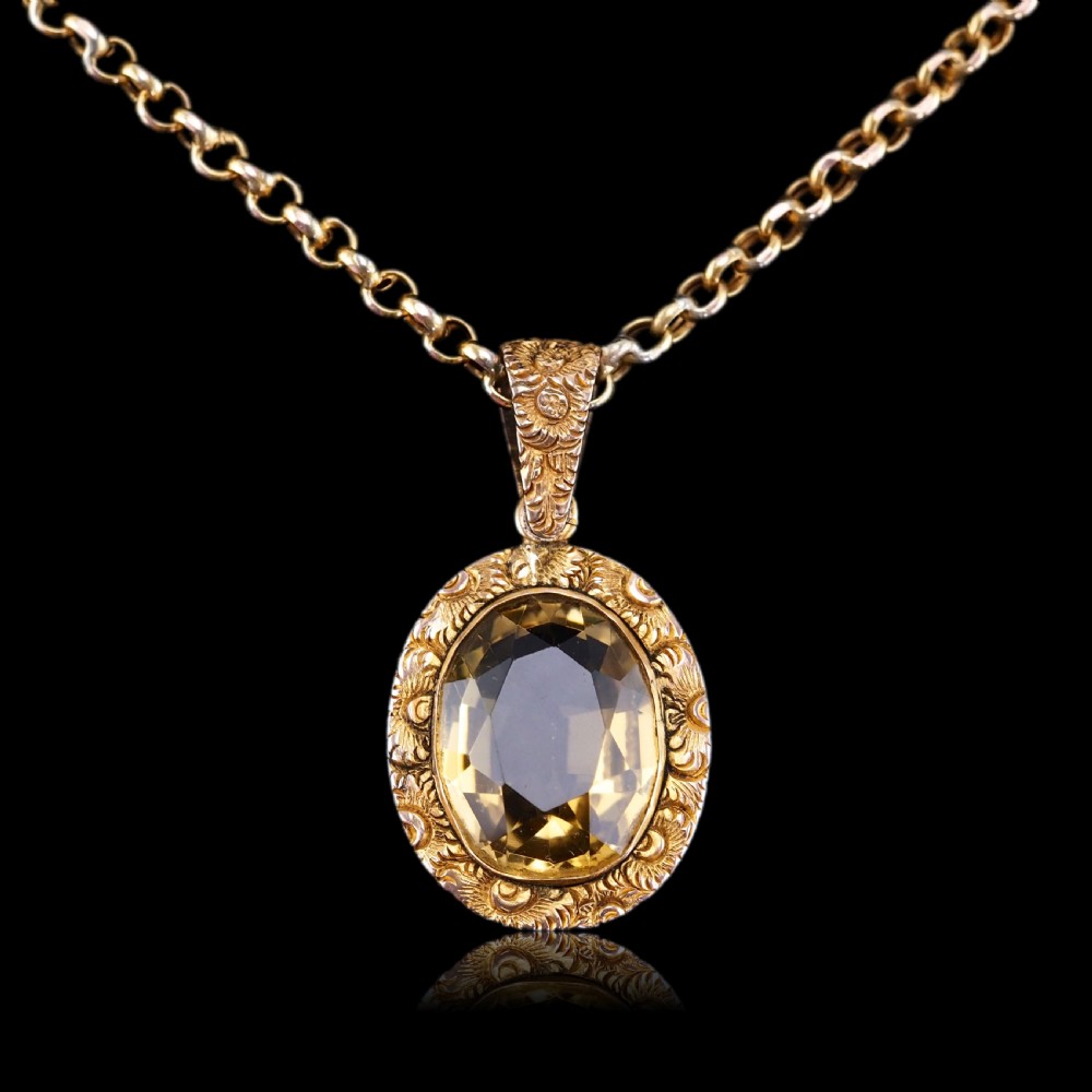 Antique Victorian 9ct Gold Citrine Pendant Necklace with Chased Floral Motif - c.1850 View XIV