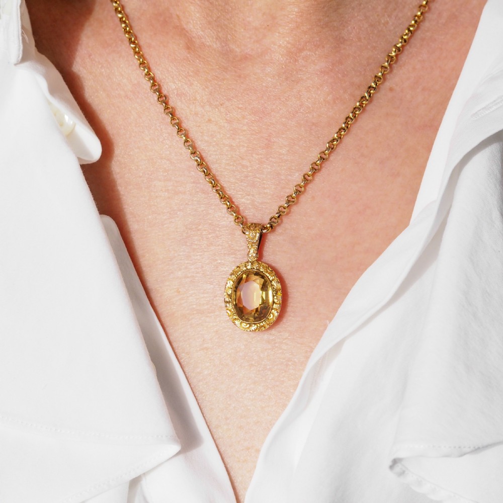 Antique Victorian 9ct Gold Citrine Pendant Necklace with Chased Floral Motif - c.1850 View XV