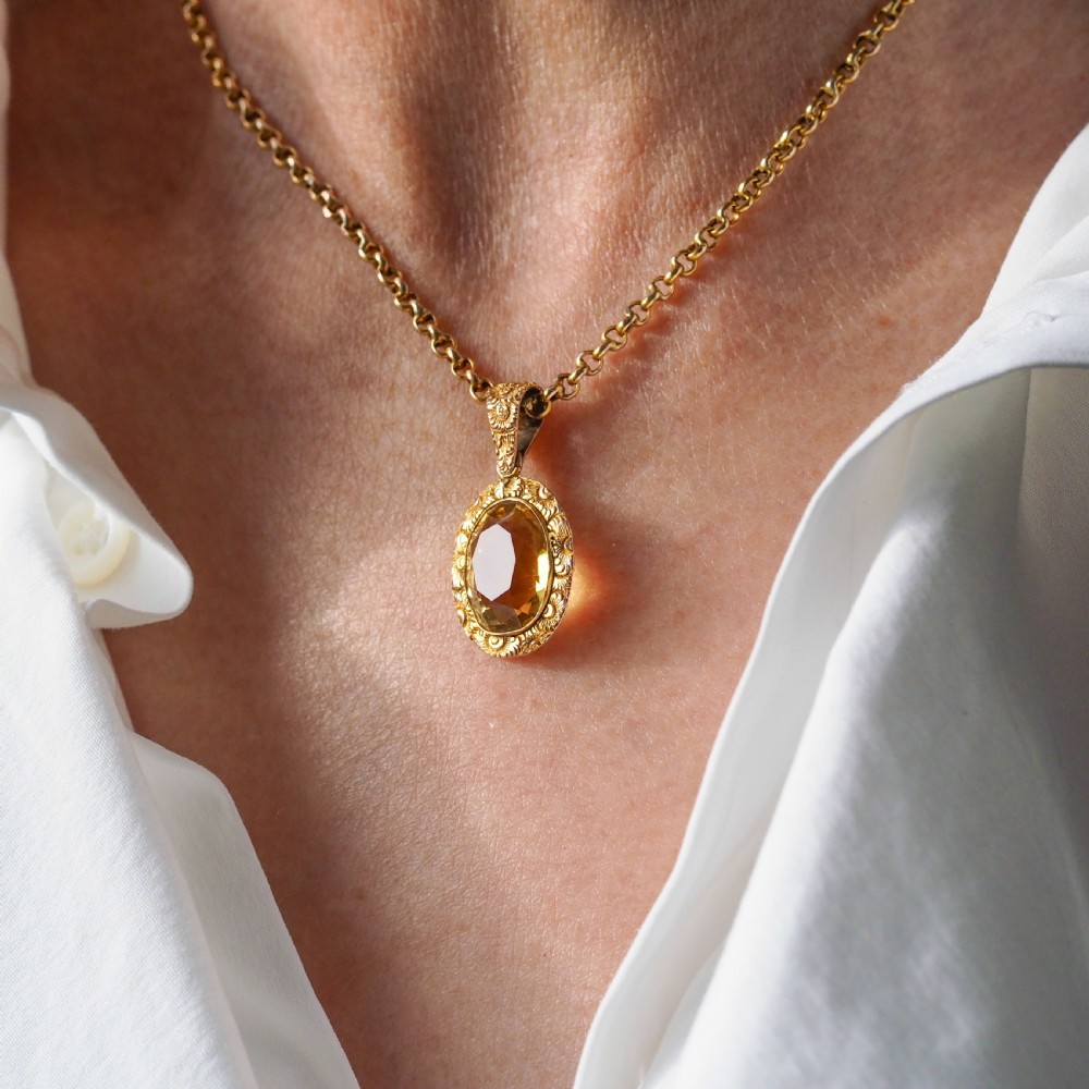 Antique Victorian 9ct Gold Citrine Pendant Necklace with Chased Floral Motif - c.1850 View XVI