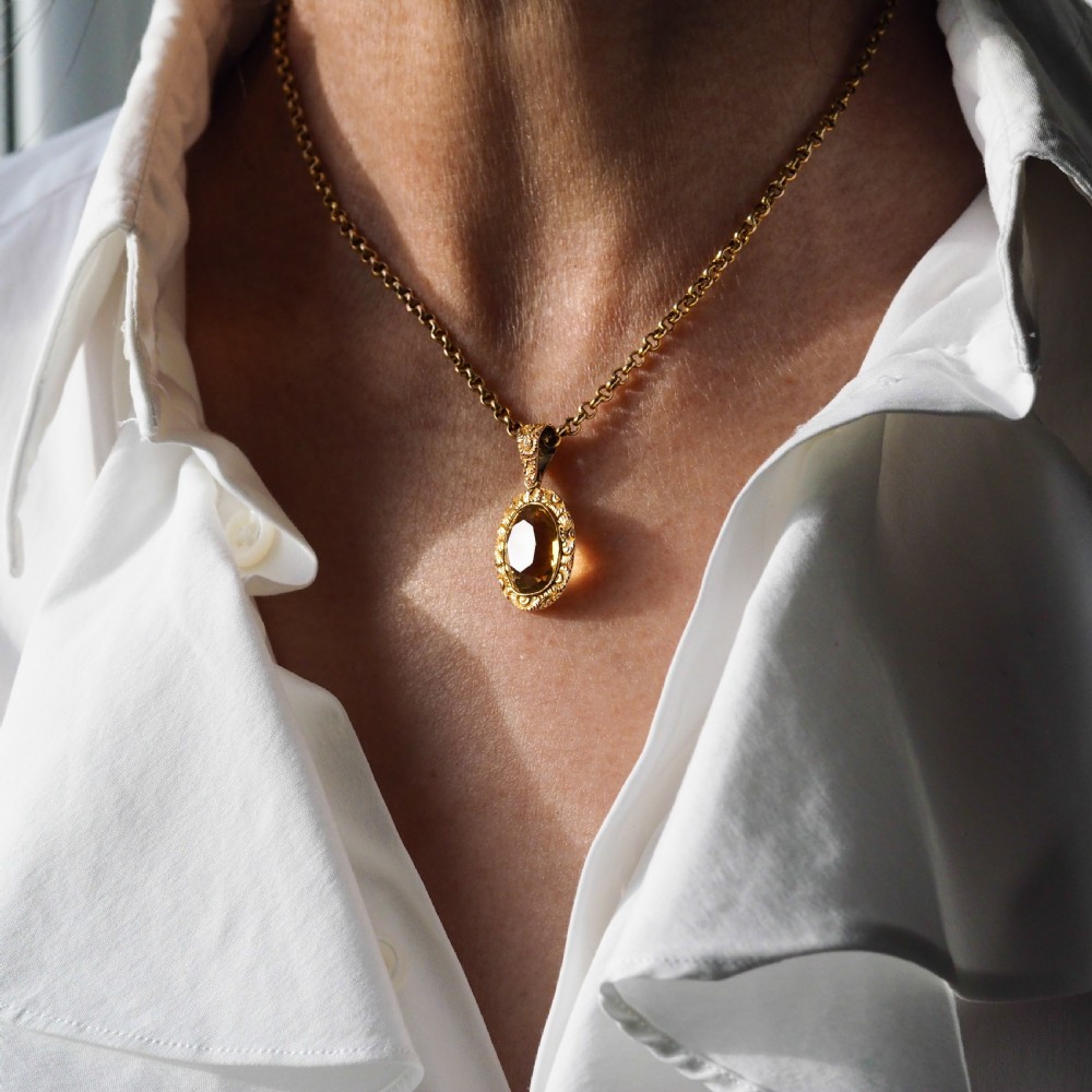 Antique Victorian 9ct Gold Citrine Pendant Necklace with Chased Floral Motif - c.1850 View XVII