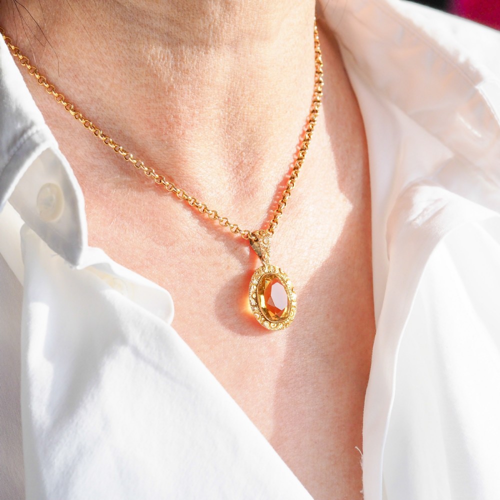 Antique Victorian 9ct Gold Citrine Pendant Necklace with Chased Floral Motif - c.1850 View XVIII