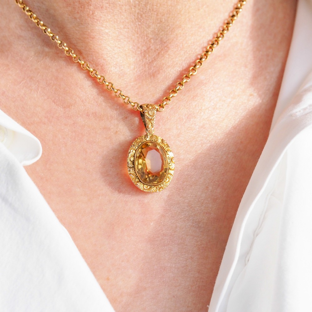 Antique Victorian 9ct Gold Citrine Pendant Necklace with Chased Floral Motif - c.1850 View XIX