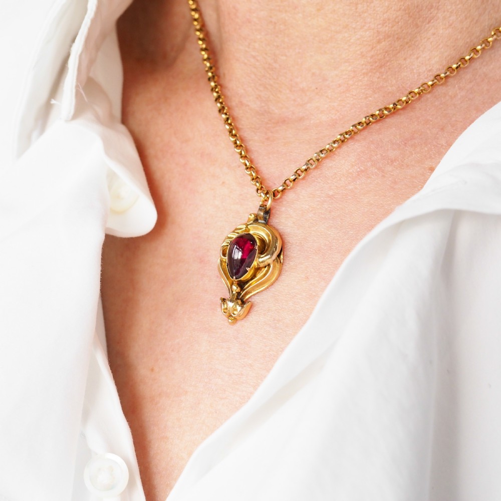 Antique Victorian 18ct Gold Garnet Cabochon Pendant Necklace - c.1840 View V