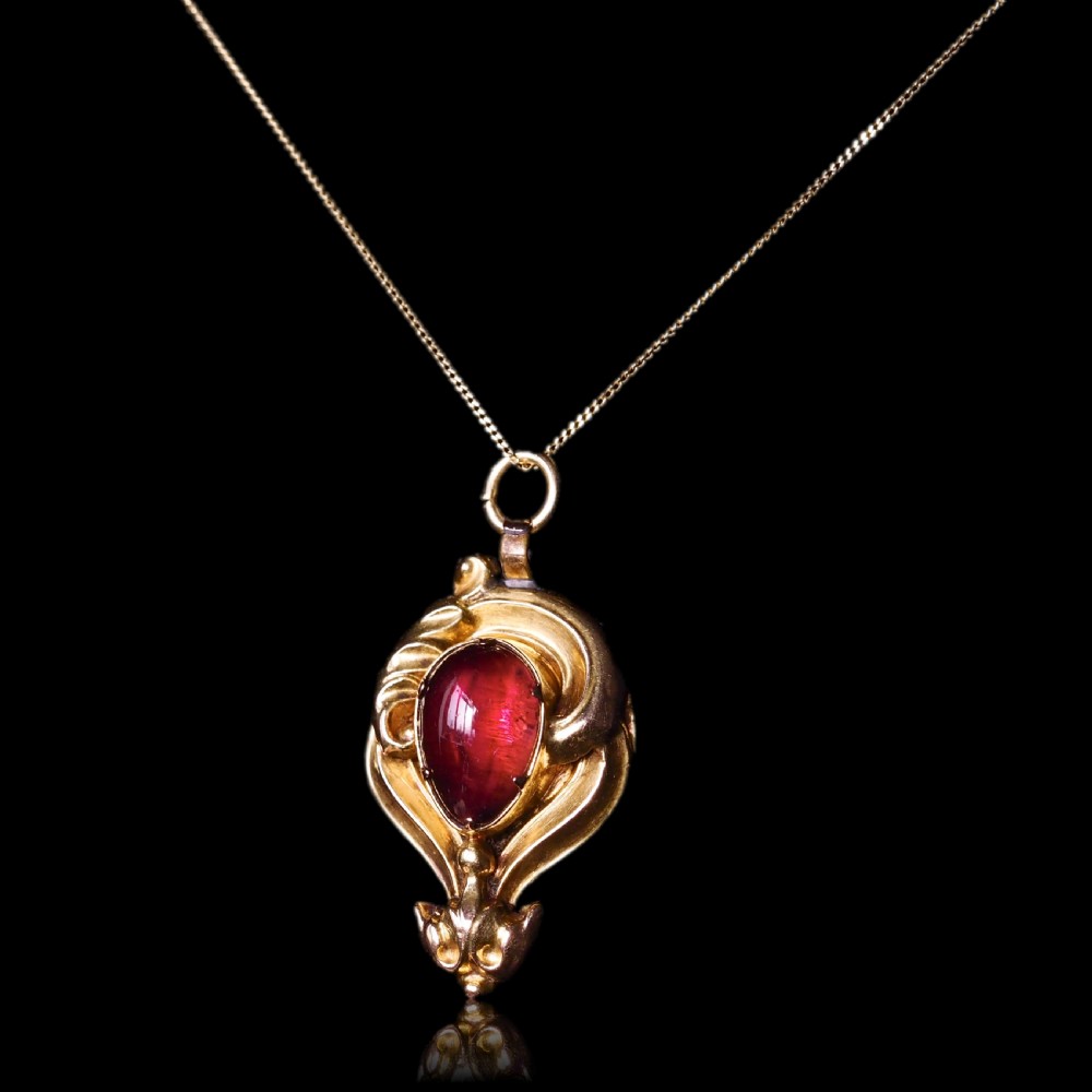 Antique Victorian 18ct Gold Garnet Cabochon Pendant Necklace - c.1840 View VIII