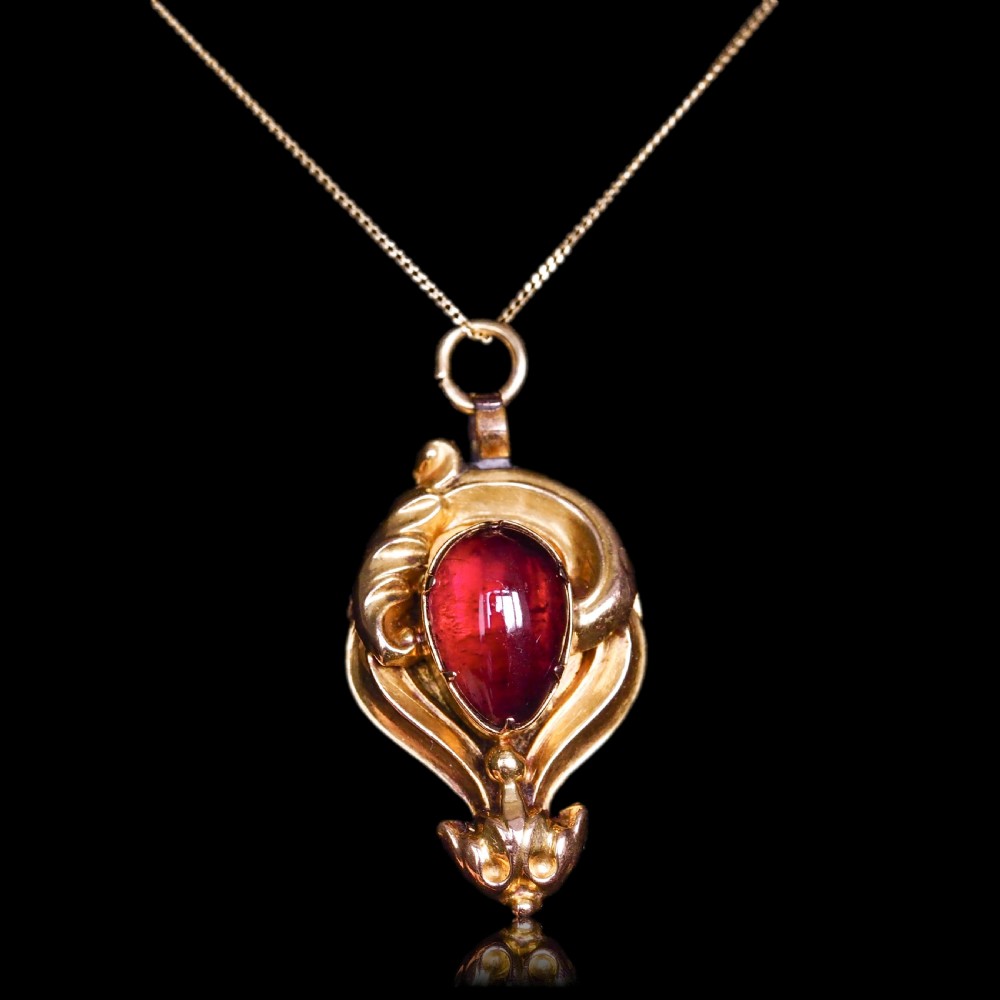 Antique Victorian 18ct Gold Garnet Cabochon Pendant Necklace - c.1840 View IX