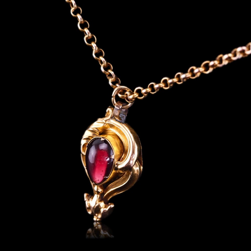 Antique Victorian 18ct Gold Garnet Cabochon Pendant Necklace - c.1840 View XI