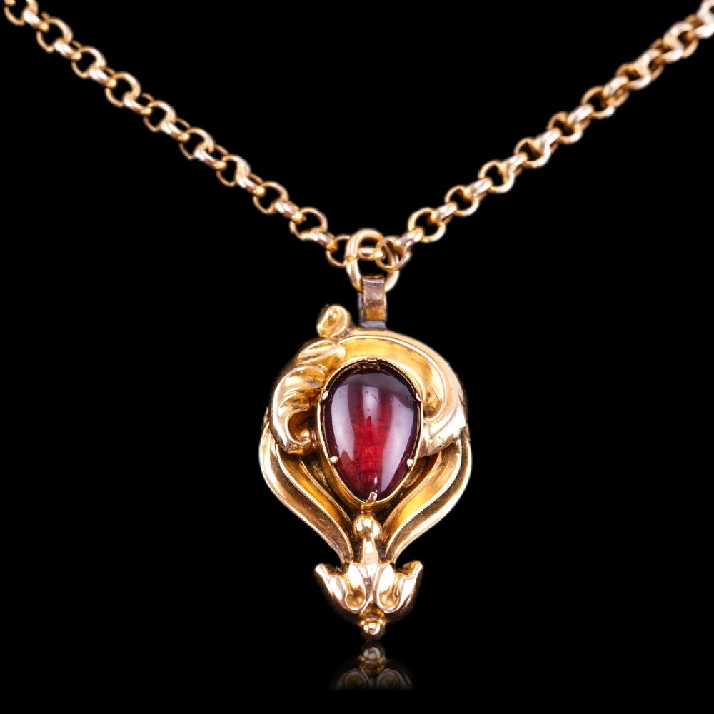 Antique Victorian 18ct Gold Garnet Cabochon Pendant Necklace - c.1840 View XII
