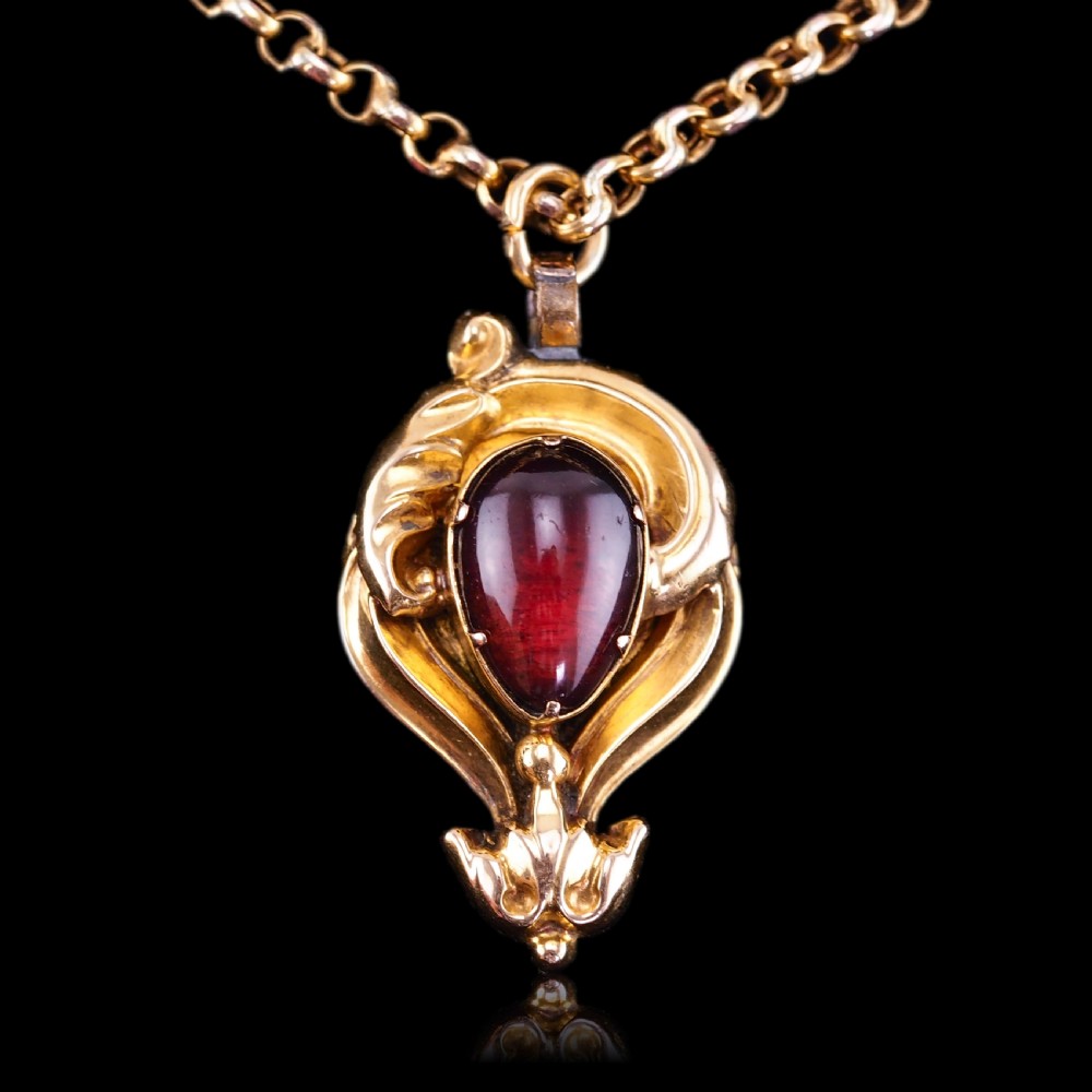 Antique Victorian 18ct Gold Garnet Cabochon Pendant Necklace - c.1840 View XIII