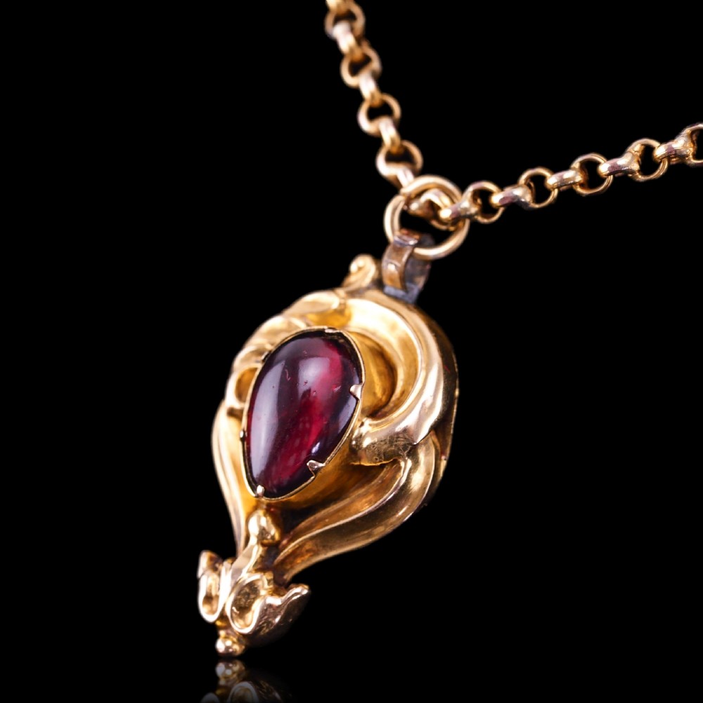 Antique Victorian 18ct Gold Garnet Cabochon Pendant Necklace - c.1840 View XIV