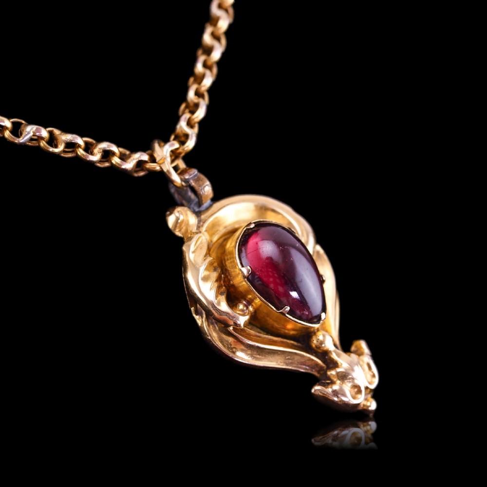 Antique Victorian 18ct Gold Garnet Cabochon Pendant Necklace - c.1840 View XV
